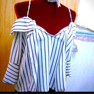 VIVACE NAUTICAL Top, White, Navy Stripes, w/ Ties at Neckline, Small, NWOT.